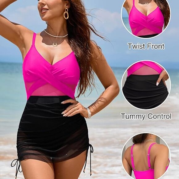 Blooming Jelly Twist Front One Piece Swim Dress Pink & Black Medium - Picture 5 of 6